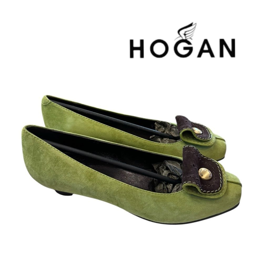 NEW HOGAN Women's Italy Leather Suede Green Moccasin Pumps 35  5